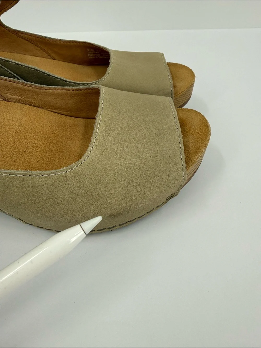 Dansko Tiana Peep-Toe Wedge Sandals in Khaki Leather Size 37 or 6.5-7
